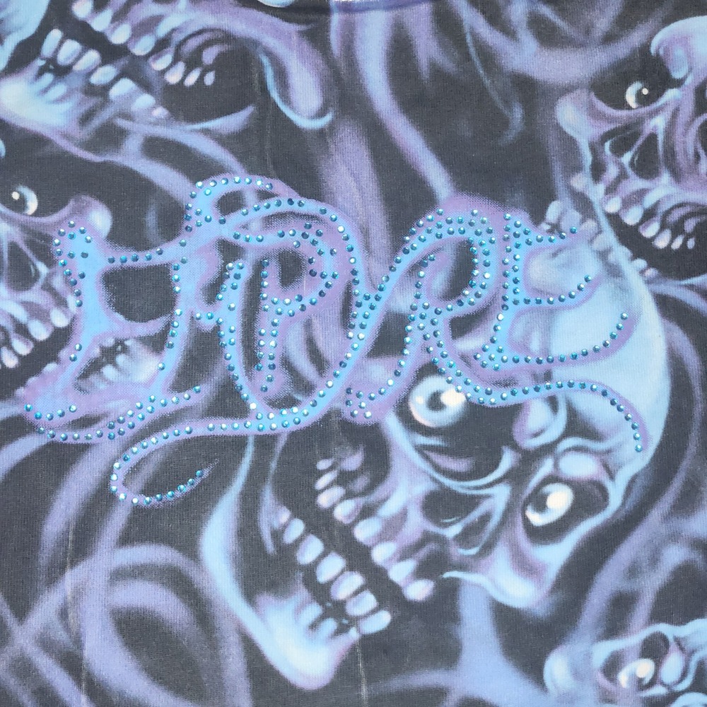 Empyre Mens XL Boxy Blue Purple Flaming Skull All Over Print Rhinestone T-Shirt - Picture 2 of 6